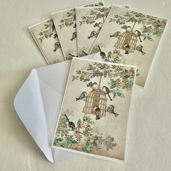 Set of 5-Birds w/Birdfeeder small handmade folded blank gift, greeting, journali - Picture 3 of 4